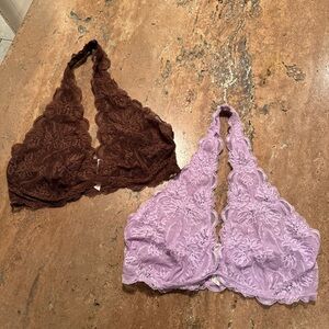 Free People Intimately Last Dance Brown Lavender Lace Halter Bralette Womens XL